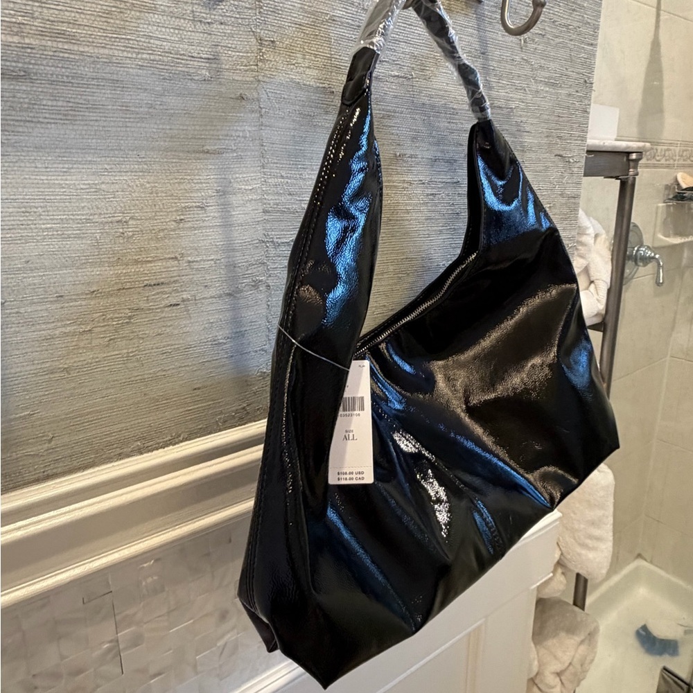 NWT new Anthropologie shiny faux patent leather tote bag purse black - Picture 16 of 16